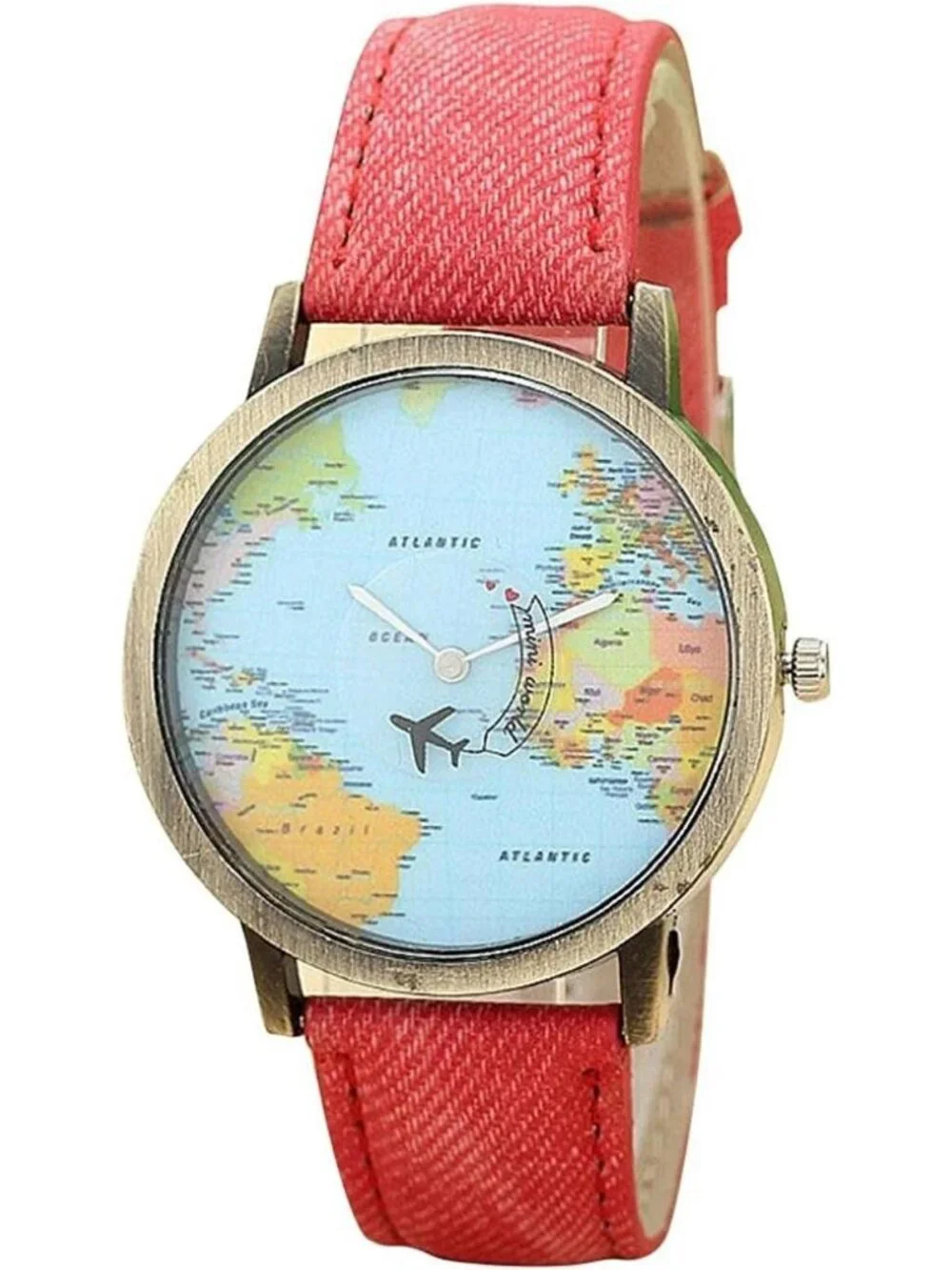 Unisex Red Quartz Leather Band Retro Bronze Case Global Travel World Map Watch